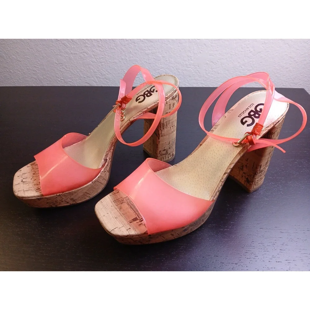 GBG Los Angeles GGQUEEN Pink Jelly Cork Platform Block Heel Sandals Womens 9.5 M